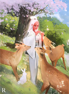 Фото Девушка кормит оленей, by rossdraws