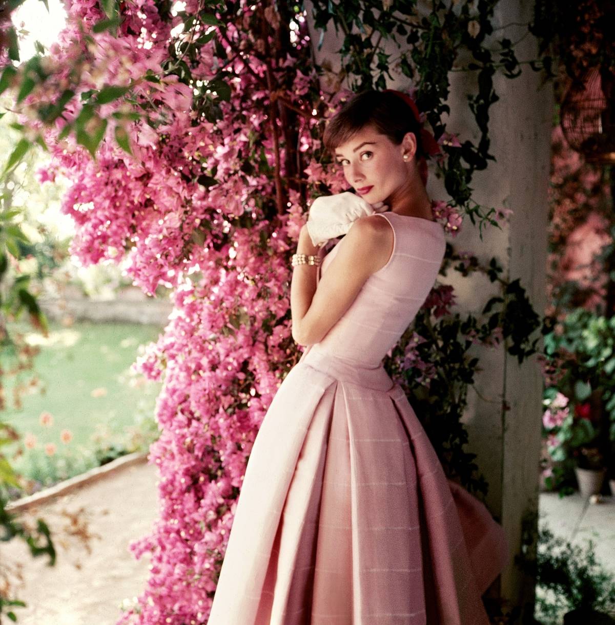 Фото Актриса Audrey Hepburn / Одри Хепберн у весеннего цветущего куста