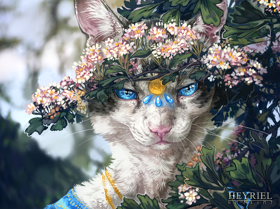 Фото Кошка с украшением на лбу за весенней цветущей веткой, by Heyriel