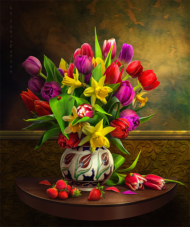Фото Ваза с тюльпанами и нарциссами, и клубника на столе, by IgnisFatuusII