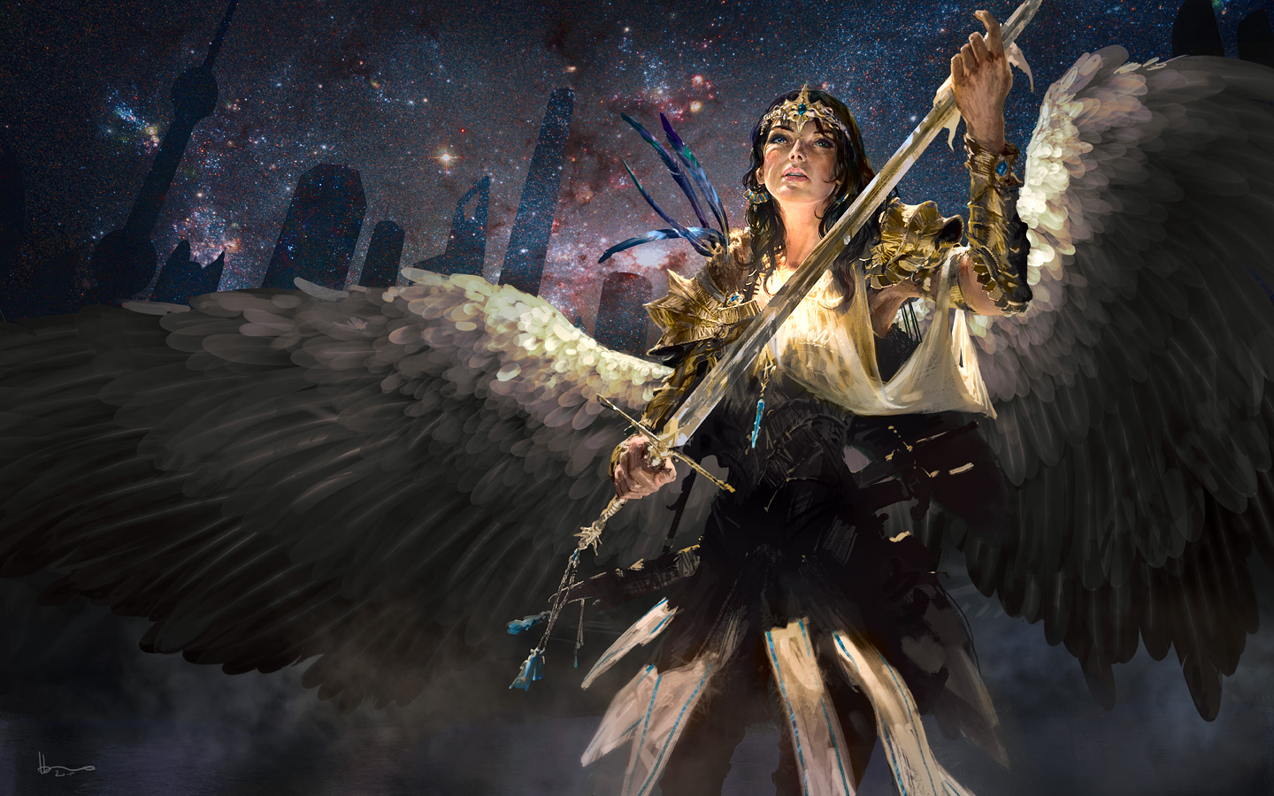 Фото Девушка в короне, с крыльями за спиной, держит меч, by algenpfleger