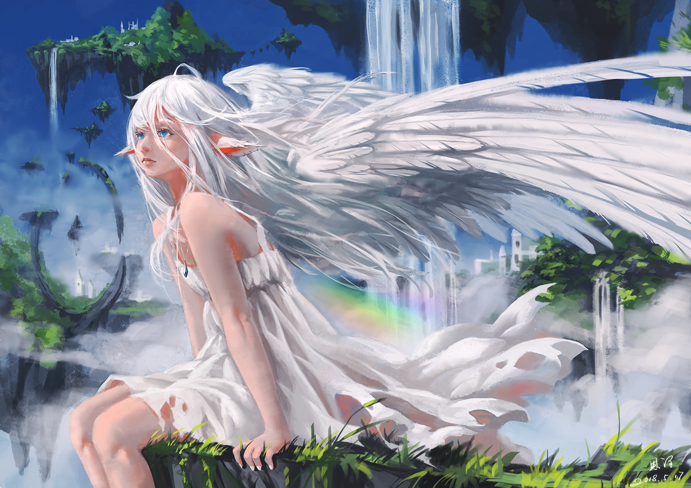 Фото Девушка с ангельскими крыльями за спиной сидит на парящем острове