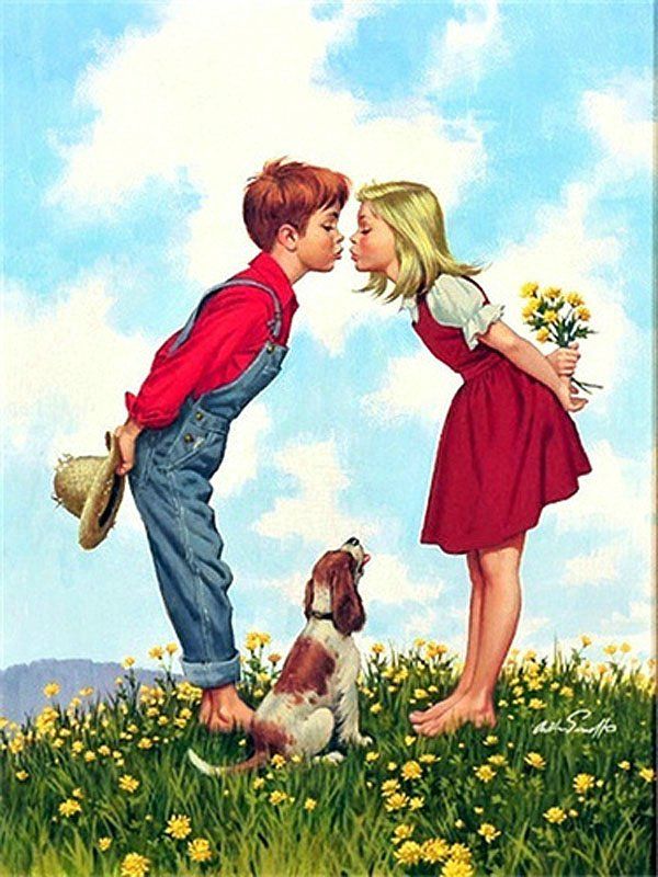 Фото Мальчик и девочка, в руках которой букетик одуванчиков, а у мальчика - шляпа, хотят поцеловаться, между ними сидит пес и смотрит на них, американский художник-иллюстратор Arthur Sarnoff / Артур Сарнофф