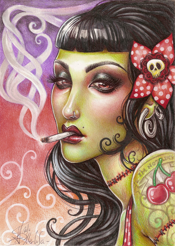 Фото Гламурная девушка с цветком в волосах с черепом, с сигаретой во рту, с тату на плече и шее в виде шва, by Medusa-Dollmaker