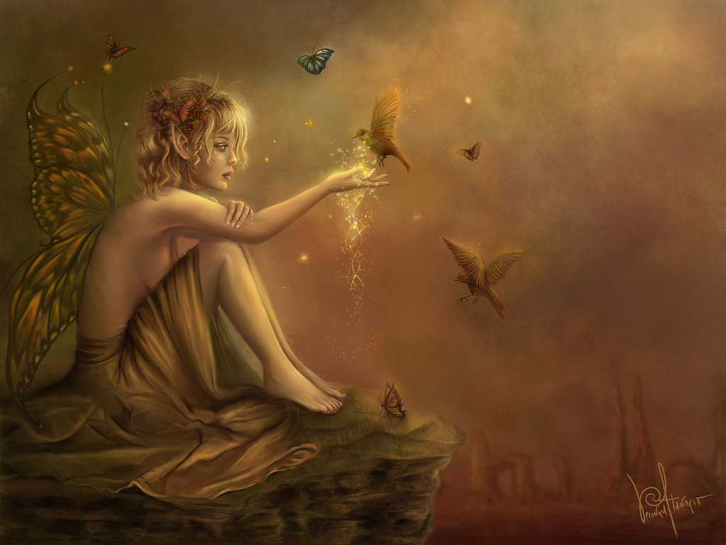 Фото Фантастическая девушка-эльф с крылышками сидит на скале с птицей на руке на фоне бабочки, by Veronica Atanacio