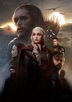 Фото Санса Старк / Sansa Stark, Серсея Ланнистер / Cersei Lannister, Джейме Ланнистер / Jaime Lannister, Тирион Ланнистер / Tyrion Lannister, Варис / Varys, Джон Сноу / Jon Snow, Петир Бейлиш / Petyr Baelish, Дейнерис Таргариен / Daenerys Targaryen, арт к сериалу Игра престолов / Game of Thrones, by Toraji