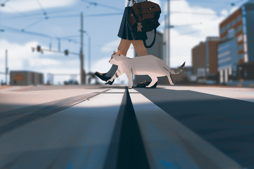 Фото Школьница переходит дорогу с кошкой, by snatti89