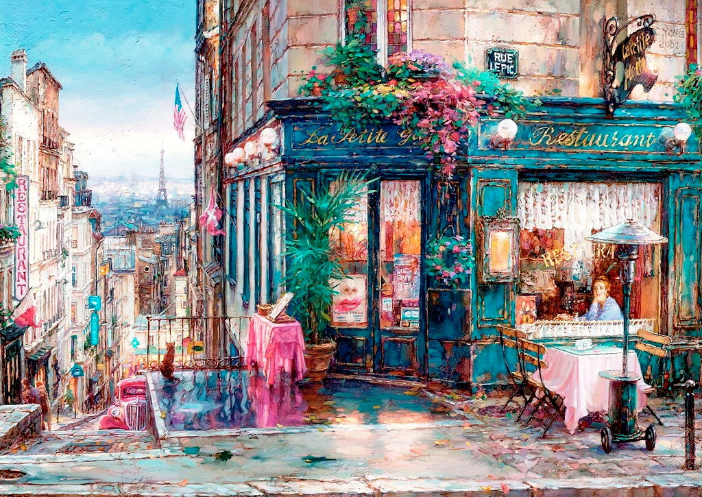 Фото Человек сидит в открытом кафе, украшенном цветами, перед домом