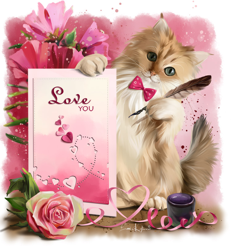 Фото Бело-рыжий кот с розовой бабочкой, с пером и бумагой (Love you / Люблю тебя), by Kajenna