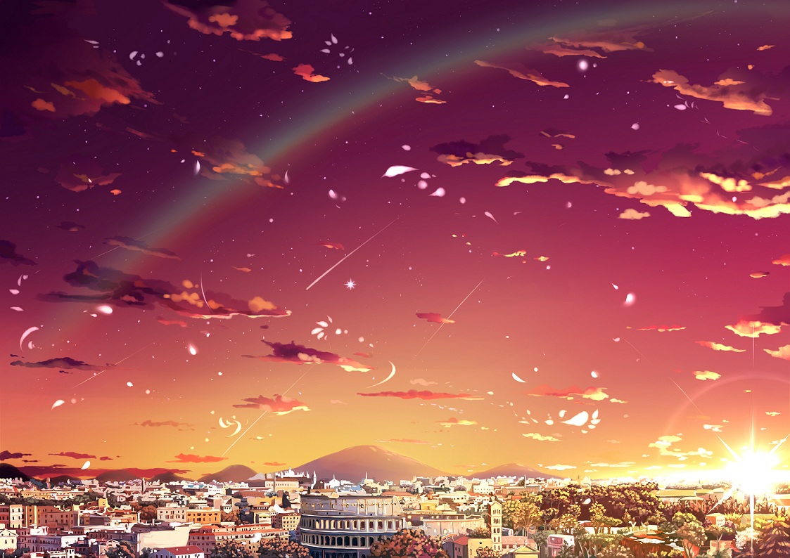 Фото Радуга и падающие звезды в закатном небе над городом