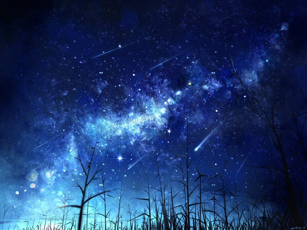 Фото Высокая трава, деревья и ветряки на фоне ночного неба, падающих звезд и млечного пути