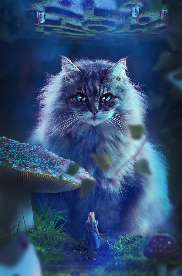 Фото Девушка стоит перед огромным котом, по мотивам Алиса в Стране чудес, by yellowicous
