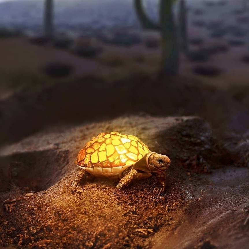 Фото По земле ползет черепаха со светящимся панцирем