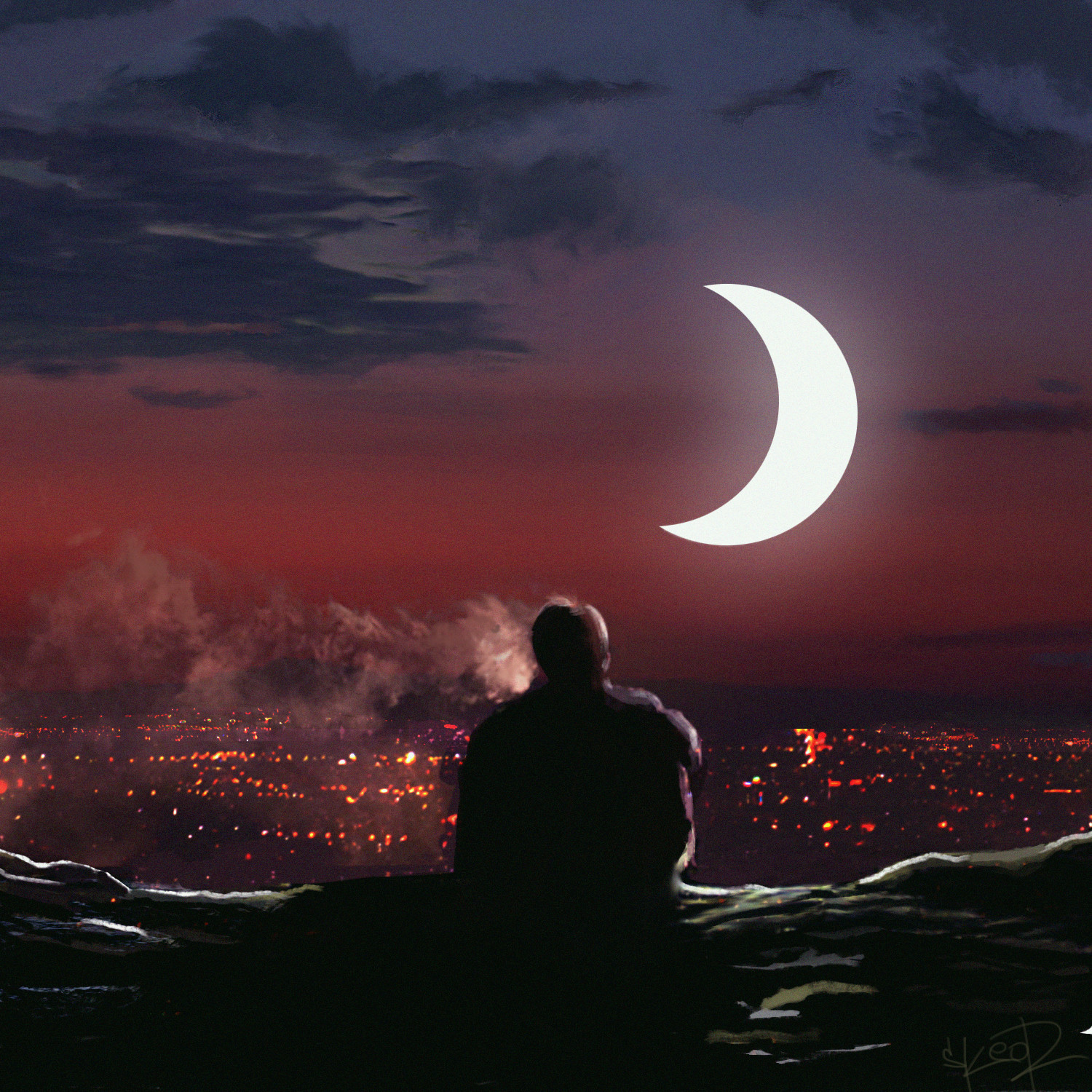 Фото Парень сидит на фоне города под ночным небом с месяцем, by Tony Skeor