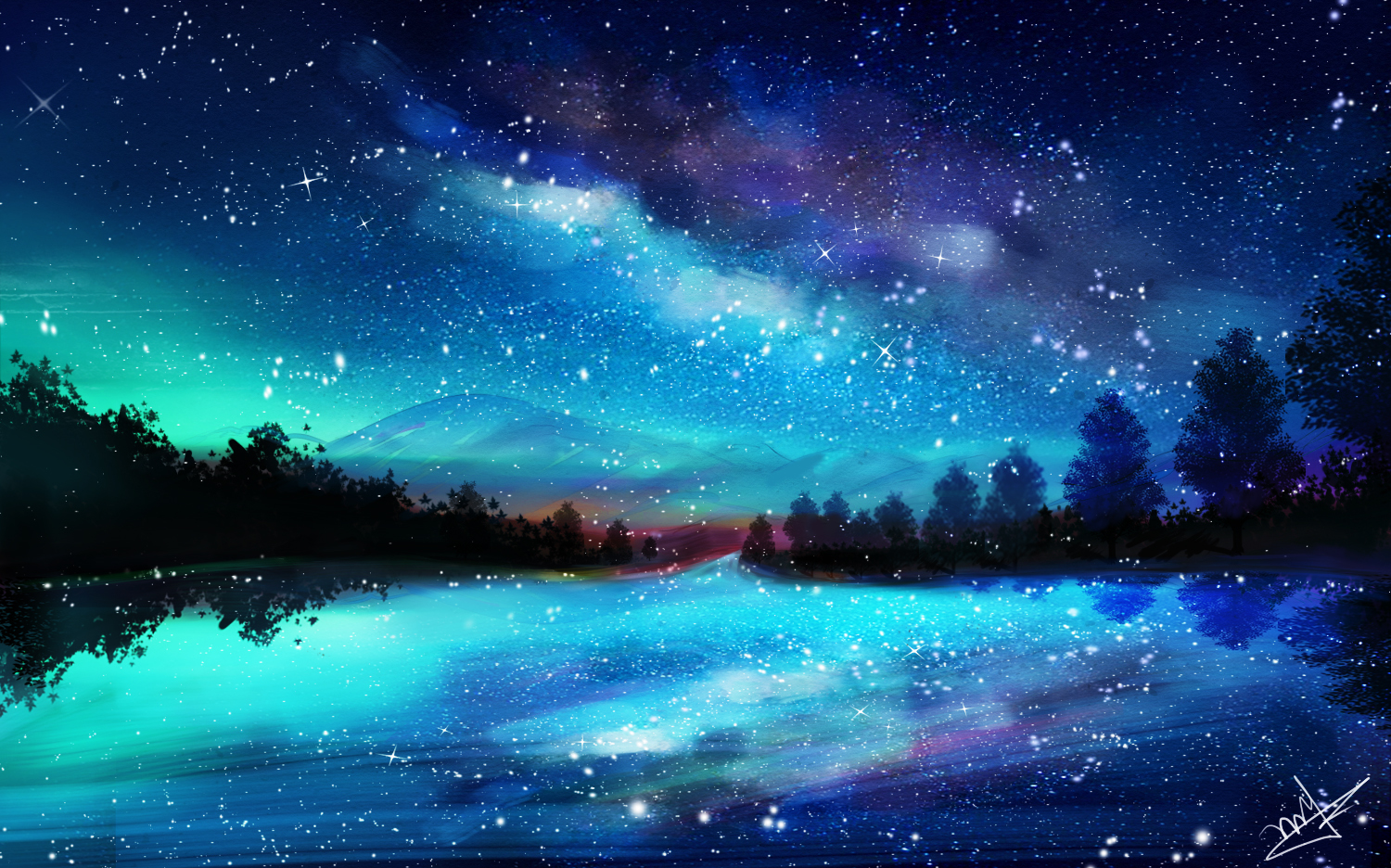 Фото Озеро, окруженное деревьями на фоне ночного неба, by wy