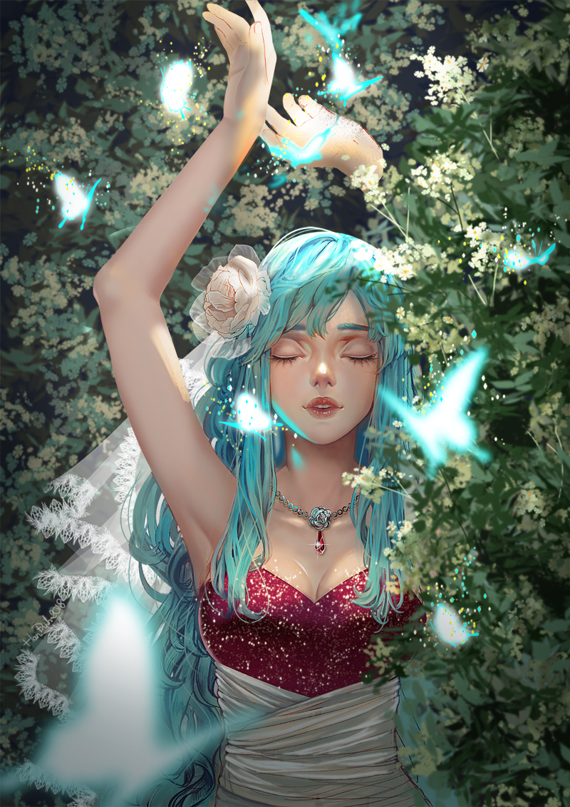 Фото Девушка среди зеленых листьев в окружение голубых бабочек, by HanDinh160212