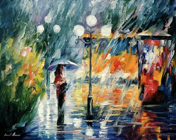 Фото Девушка с зонтом стоит под дождем, by Leonid Afremov