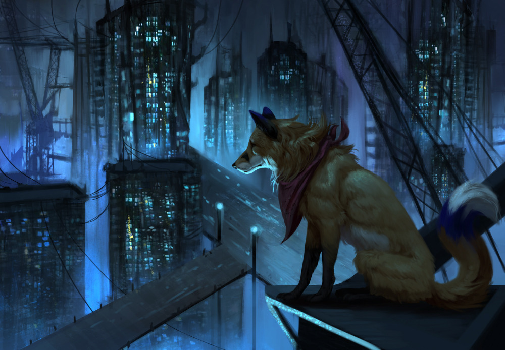 Фото Лиса смотрит на ночной город, by Jade Mere
