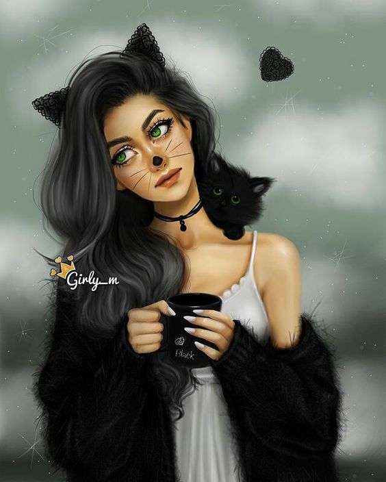 Фото Девушка - кошка с черным котенком на плече. Художница Мэриам под ником Girly_m