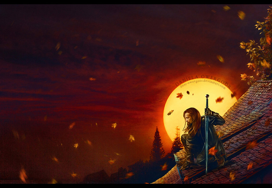 Фото Мужчина с мечом сидит крыше дома, by dani