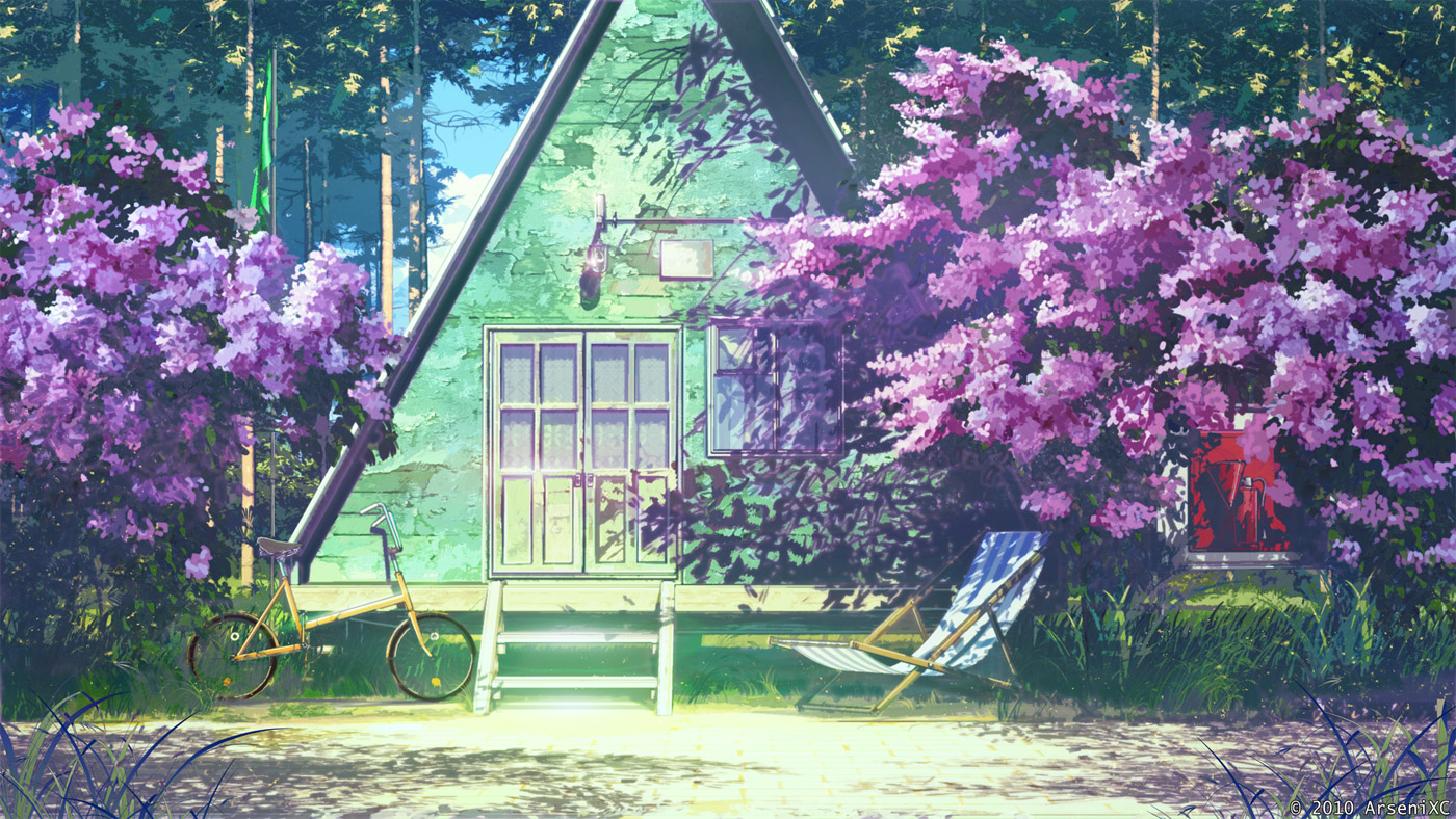 Фото Зеленый деревянный дом среди сирени, рядом стоит велосипед и стоит летнее кресло, by arsenixc