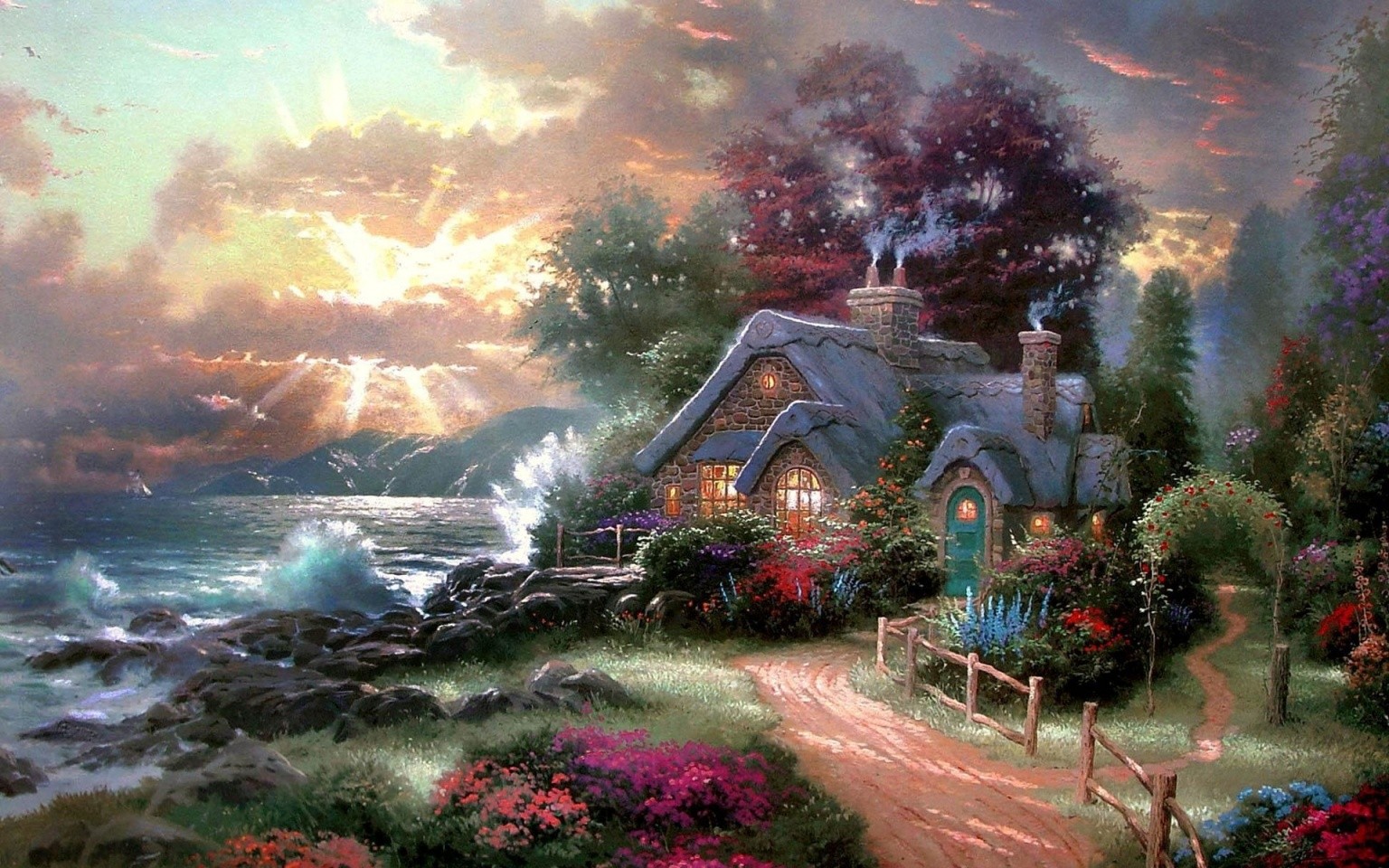Фото Сказочный дом с красивым садом на берегу моря, художник Thomas Kinkade