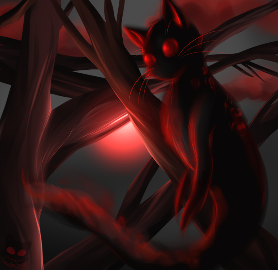 Фото Черный кот с красными глазами на фоне ветвей, by QuantenZiel