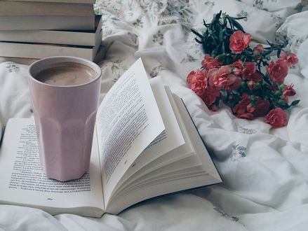 Фото На раскрытой книге стоит чашка горячего утреннего шоколада, рядом букет роз
