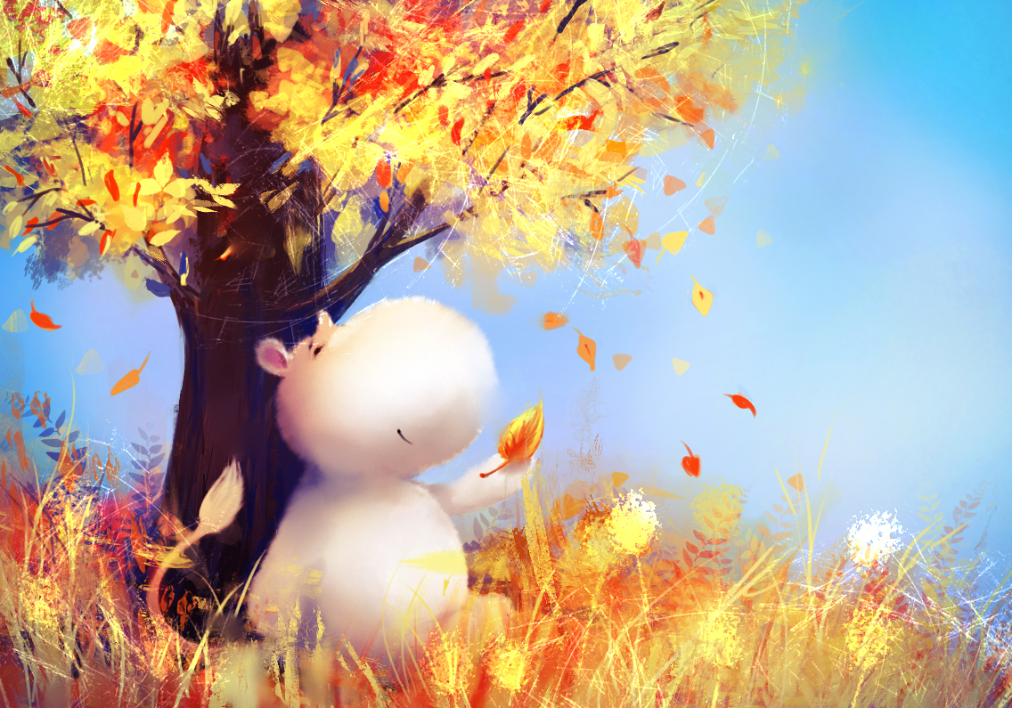 Фото Муми-тролль из мультфильма и сказки Муми-тролли держит в руке листок, сидя под деревом