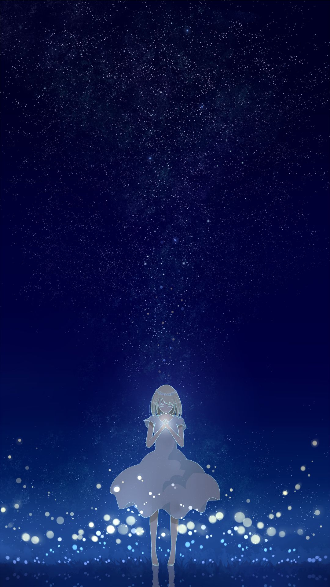 Фото Девушка в белом платье стоит на зеркальной поверхности на фоне ночного неба