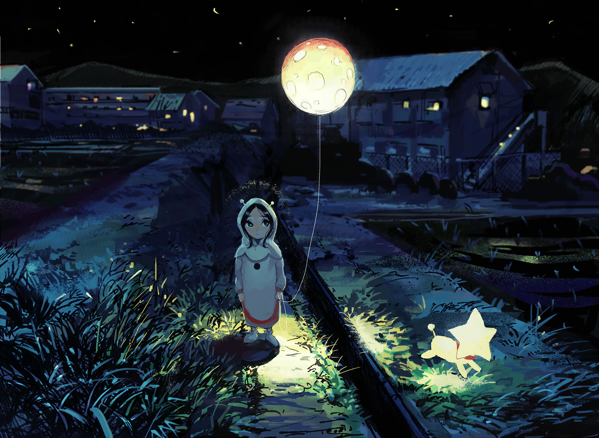 Фото Девочка с луной на веревочке и собака-звезда на ночной улице