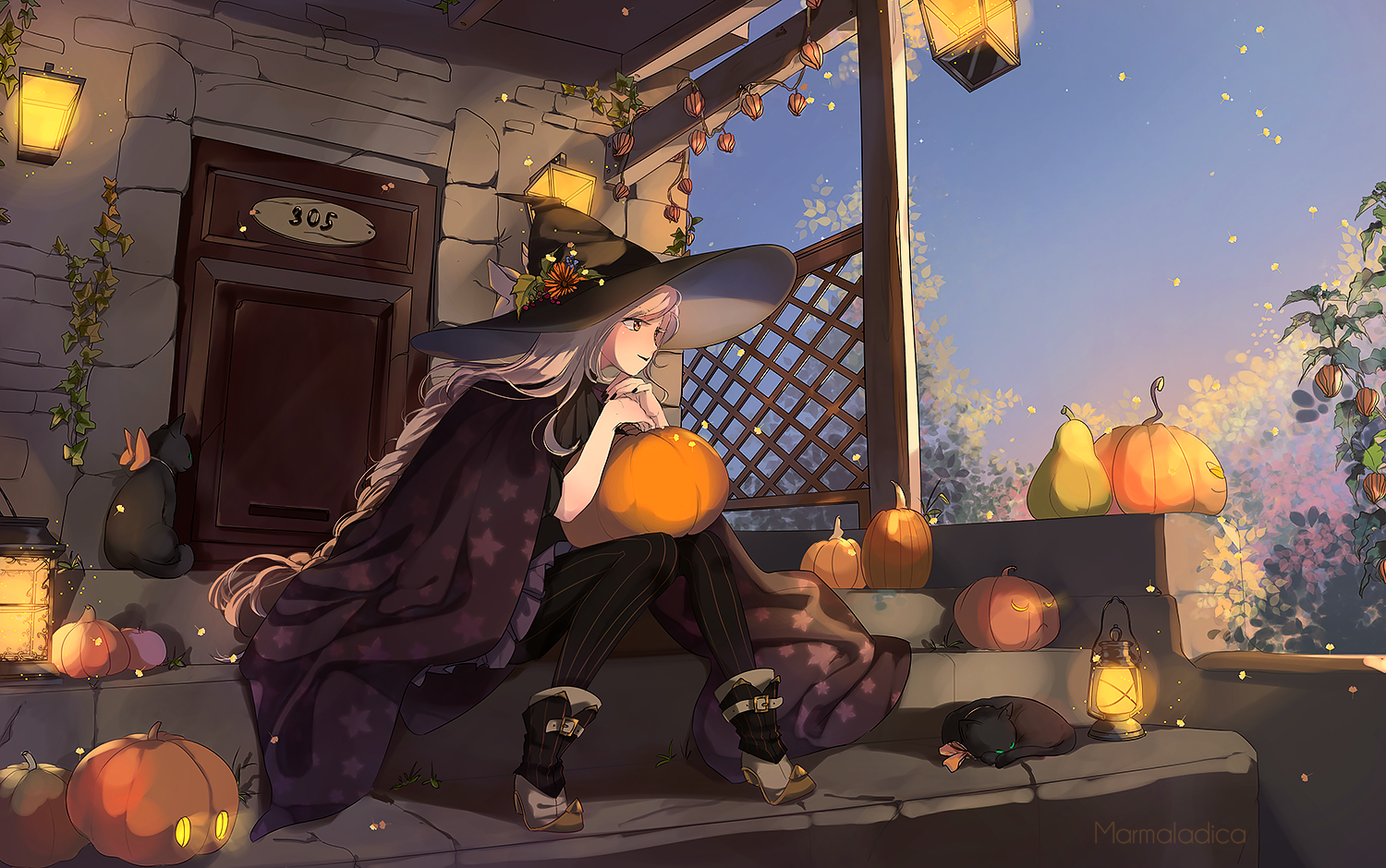 Фото Девушка сидит на ступеньках дома в окружении тыкв, by Marmaladica