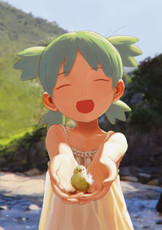 Фото Ёцуба Койвай / Yotsuba Koiwai из манги Ёцуба! / Yotsuba to! с птенчиком на руках