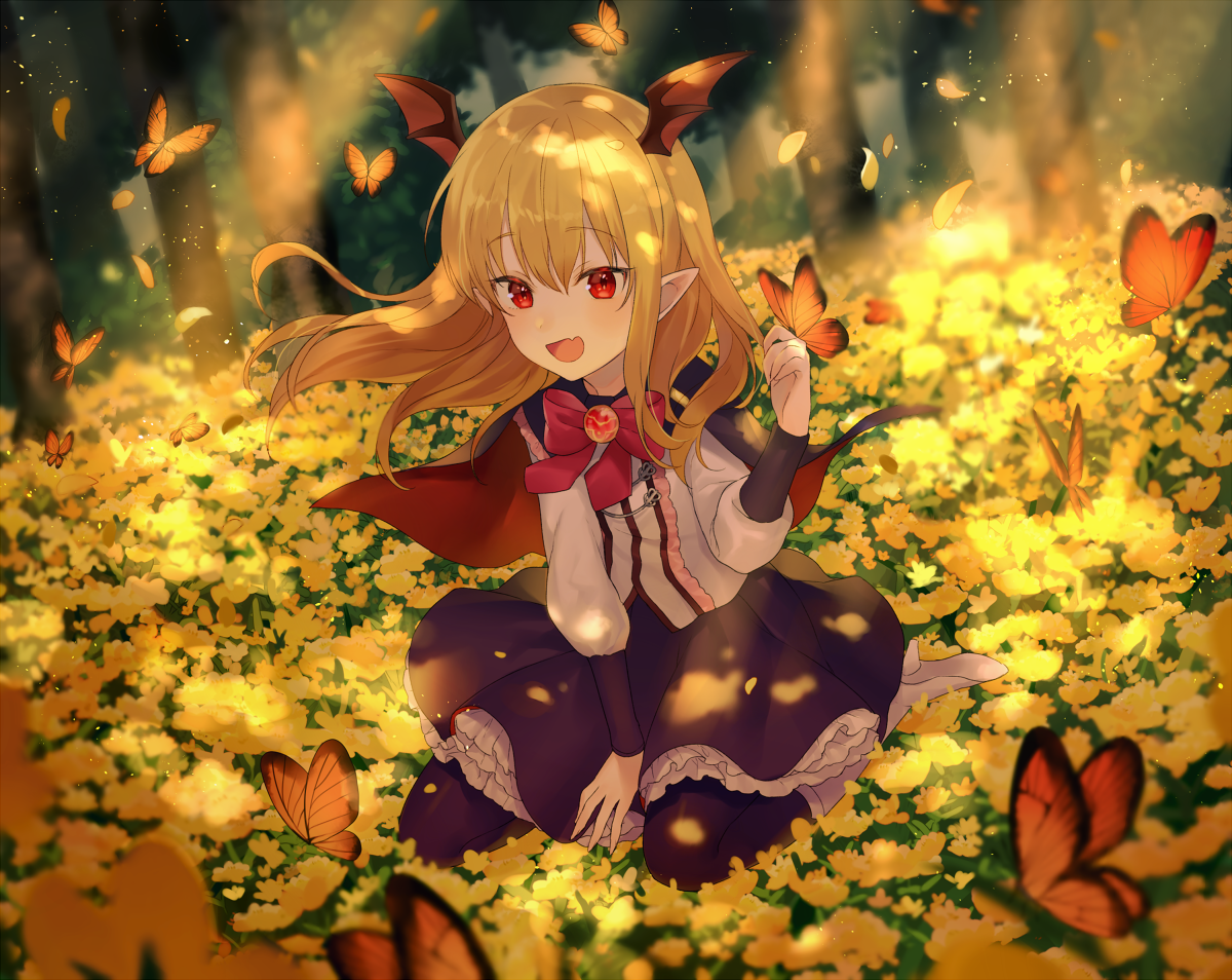 Фото Vampy из игры Granblue Fantasy с бабочкой на руке сидит на поляне желтых цветов в окружении порхающих бабочек