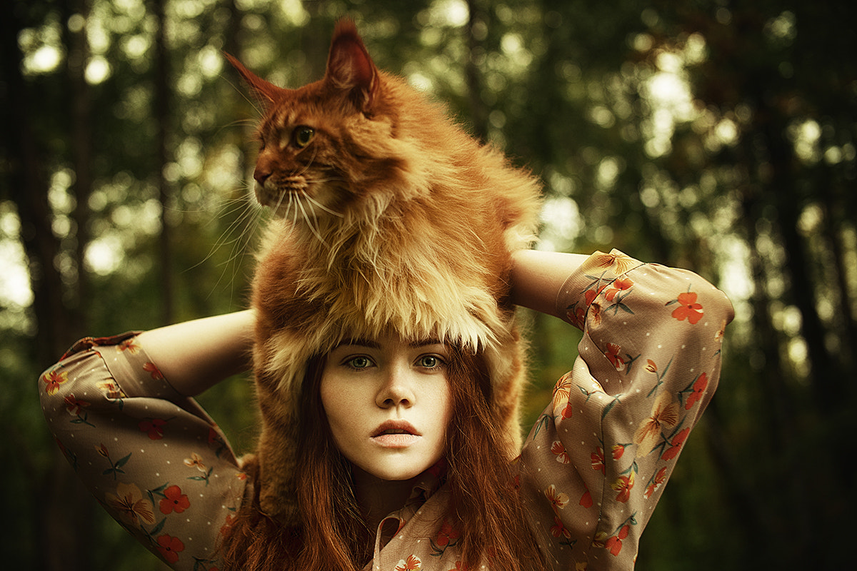 Фото Девушка с кошкой на голове. Фотограф Alexandra Bochkareva