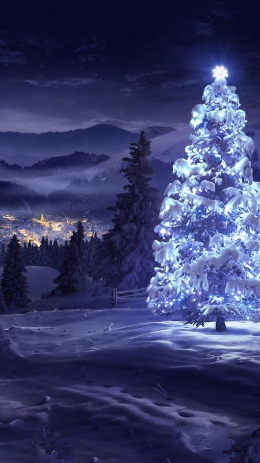 Разукрашенная к празднику елка стоит в лесу на фоне сияющего огнями города