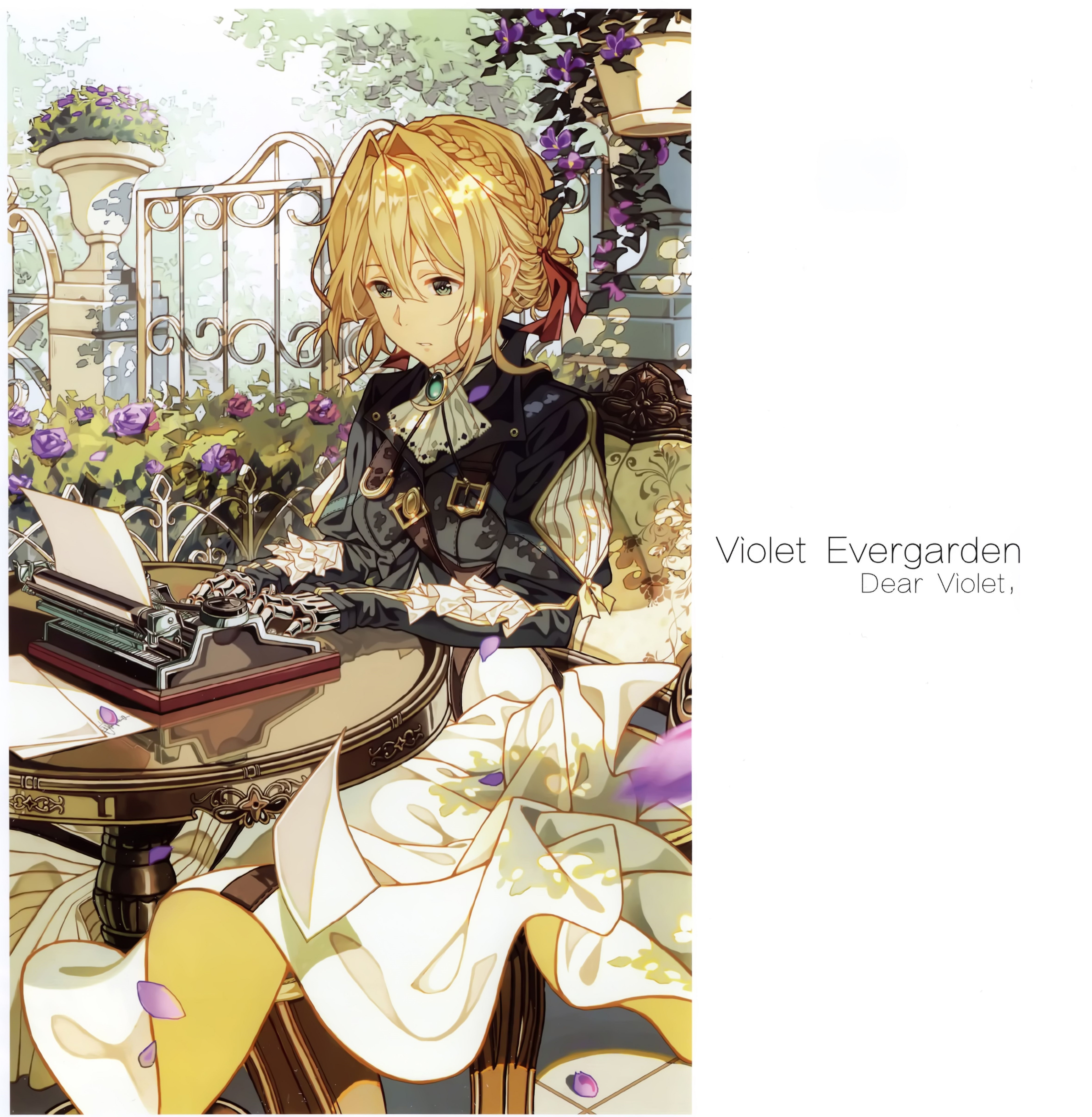 Фото Вайолет Эвергардэн / Violet Evergarden печатает письмо на печатной  машинке, сидя в саду, из одноименного аниме, by Cheese Kang