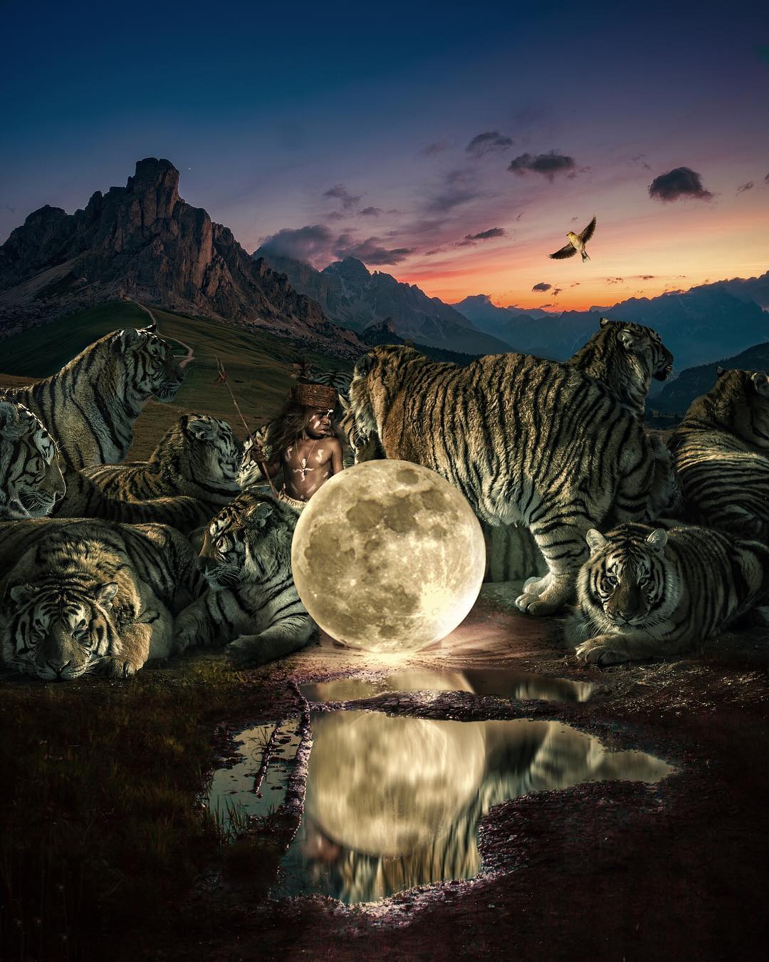 Фото Мальчик в окружении тигров стоит около полной луны, которая отражается в воде, by Marcel van Luit