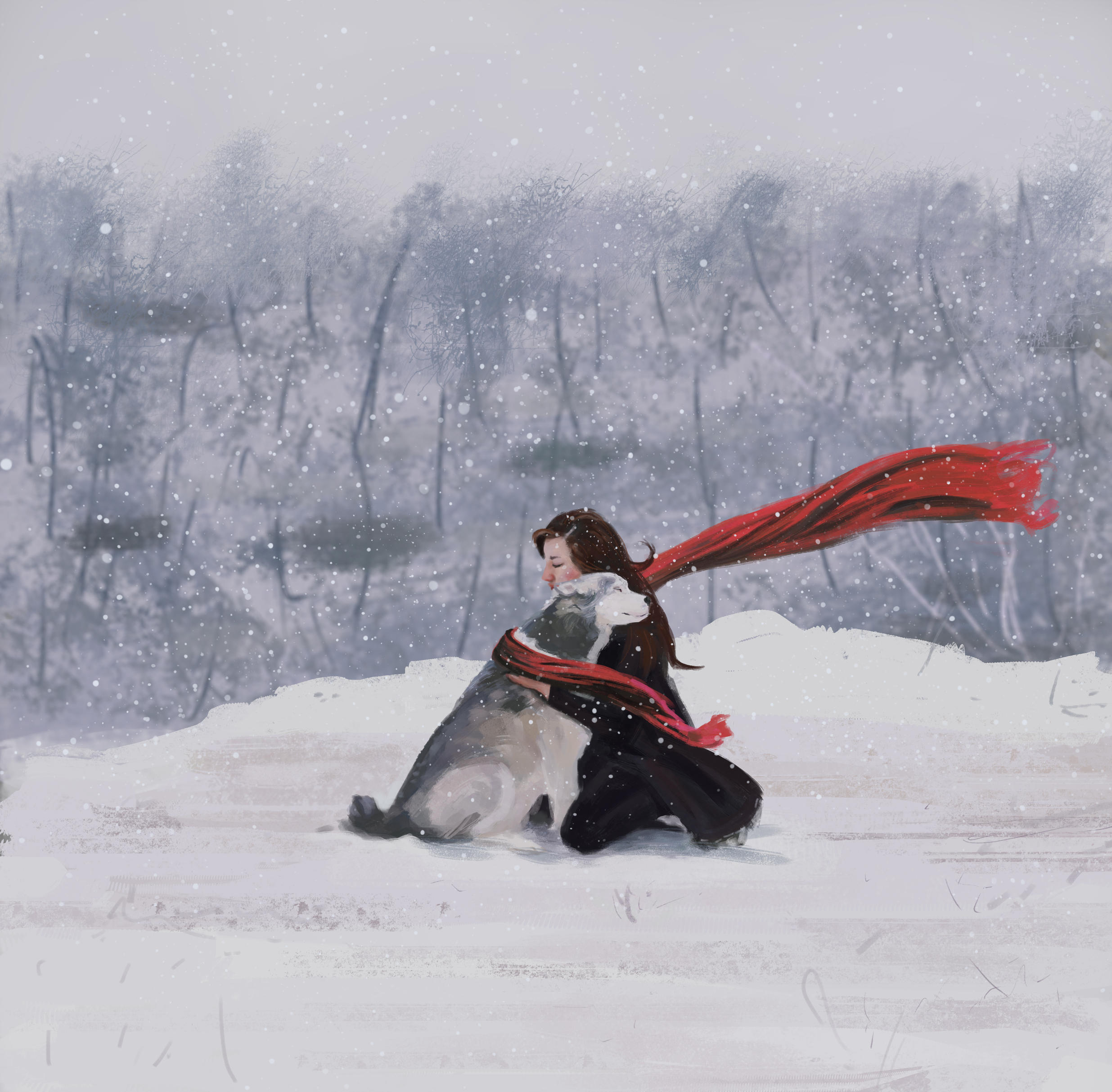 Фото Девушка с собакой сидят на снегу, by Mandy Jurgens