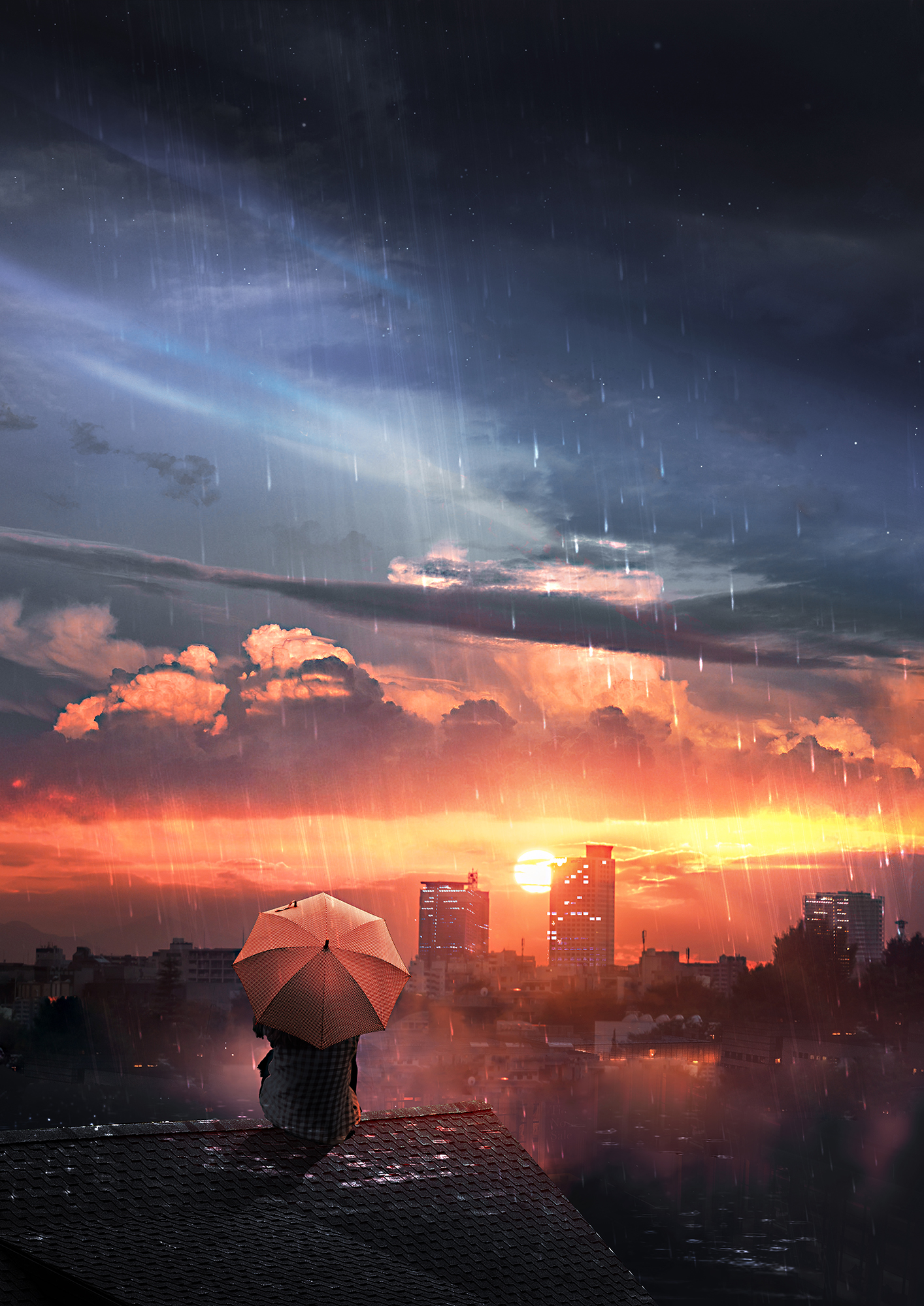 Фото Девушка с зонтом сидит на крыше под дождем на фоне заката солнца, by t1na