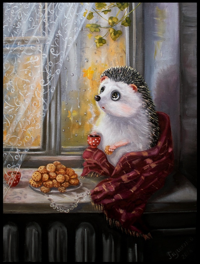 Фото Еж с чашкой и печеньем в лапках сидит на подоконнике окна, иллюстратор Ирина Глущенко