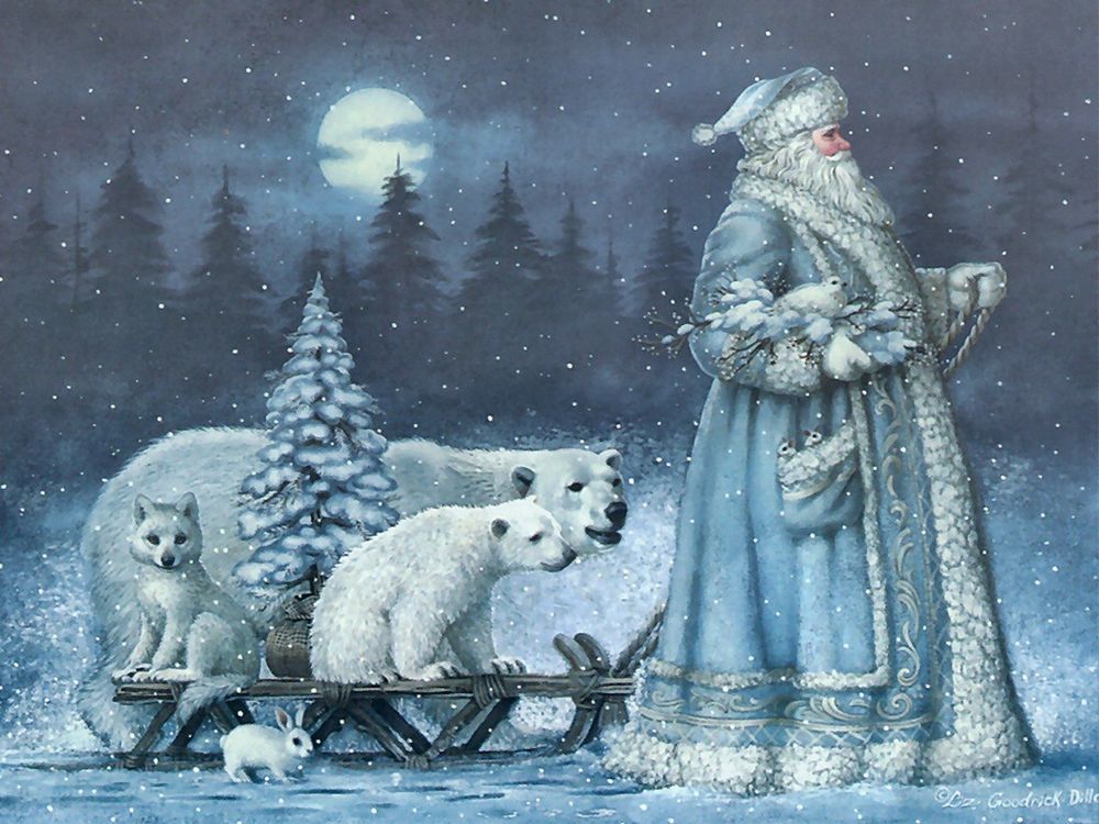 Фото Дед Мороз с санками, на которых елка и белые медведи, песцы и рядом кролик, by Elizabeth Goodrick-Dillon