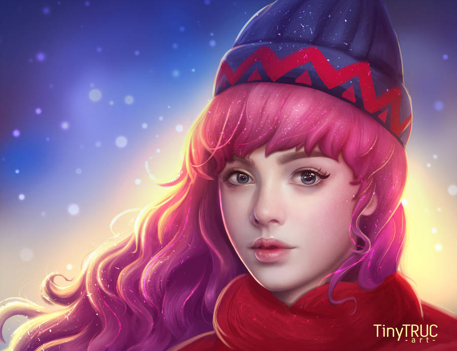 Фото Девушка с розовыми волосами, в шапке и шарфе, by TinyTruc