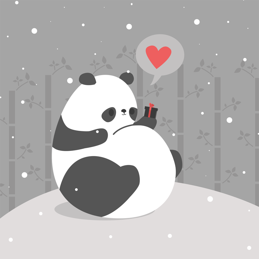 Фото Пандачка с подарочком на снегу под снегопадом, рядом красное сердечко, by pronouncedyou