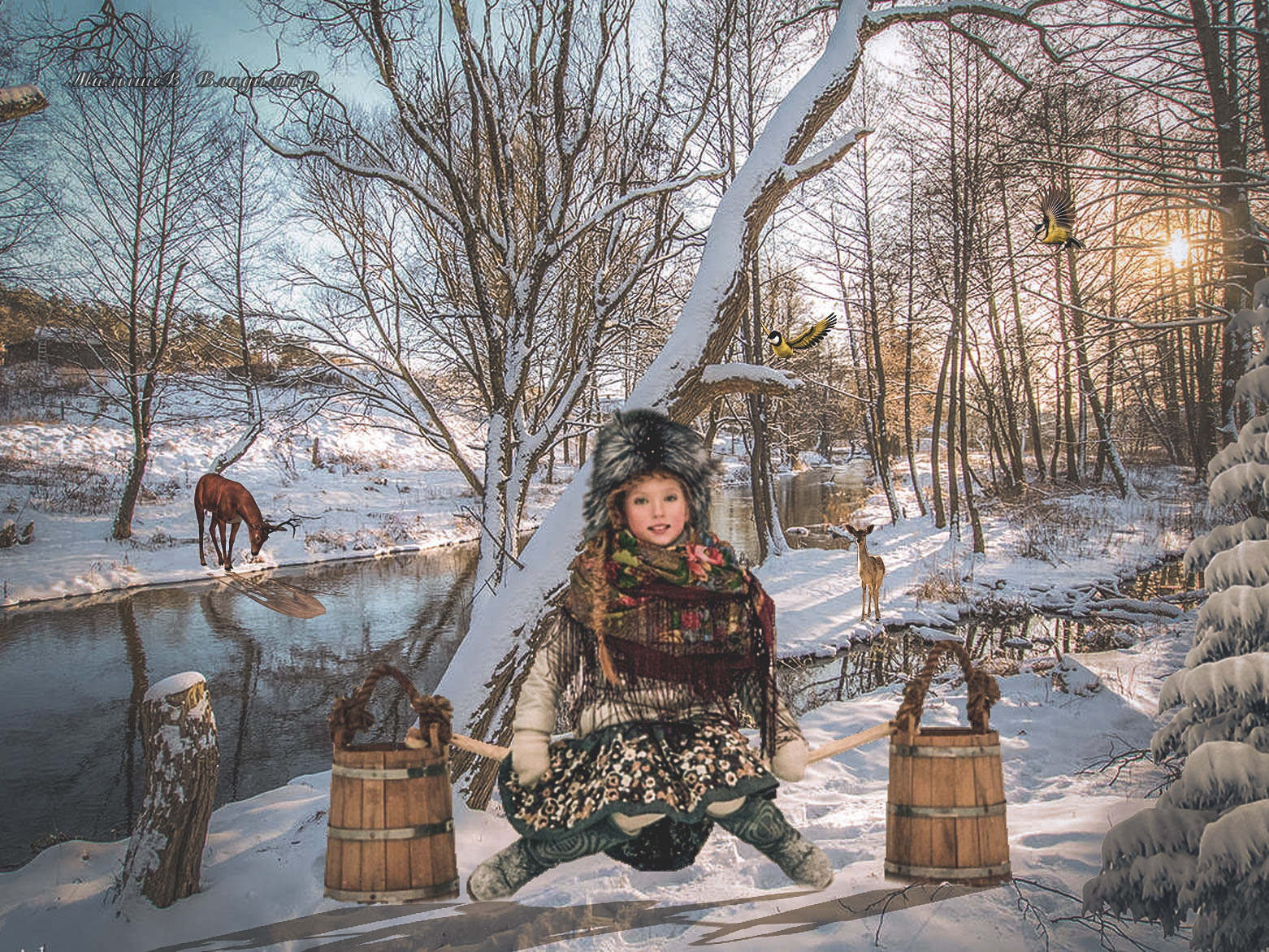 Фото В зимнем лесу девочка присела отдохнуть у реки, by Владимир Малышев