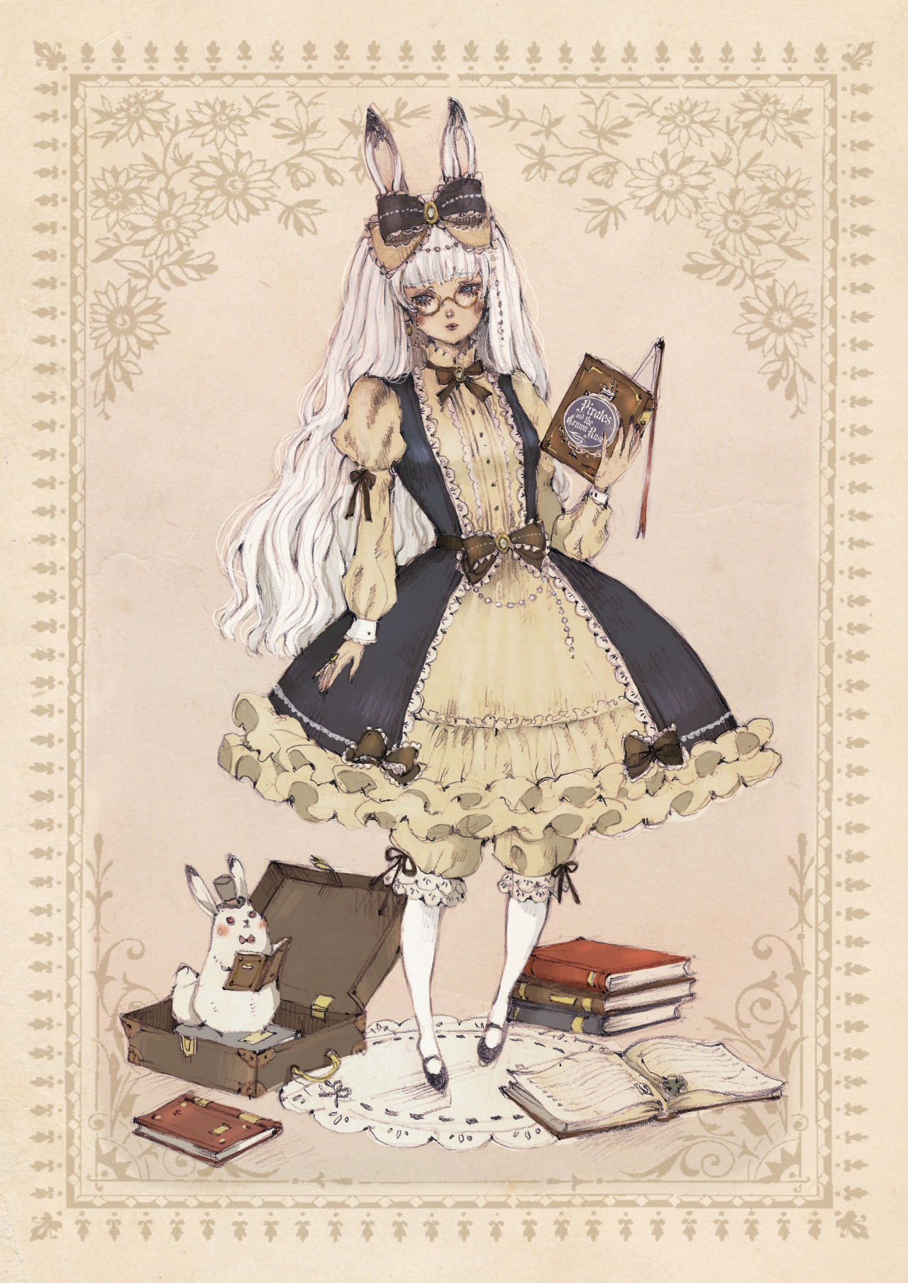 Фото Белокурая девушка с кроличьими ушками, одетая в викторианском стиле, с книгой в руке, стоит на белом кружевном коврике, рядом лежат книги и чемодан, в котором сидит белый кролик в шляпе-цилиндре, с маленькой книжечкой в лапках, art by Loputyn