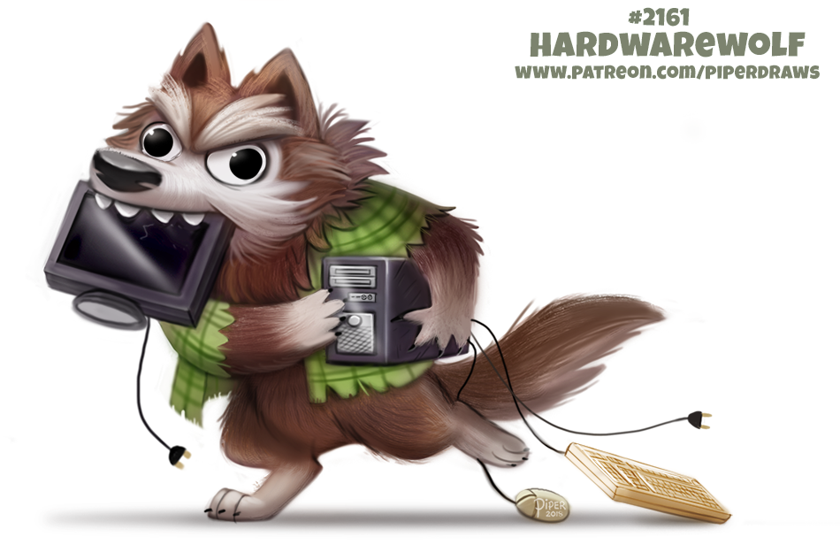 Фото Волк в зеленой клетчатой рубашке с монитором в пасти, системником в руках клавиатурой и мышкой (Hardwarewolf), by Cryptid-Creations
