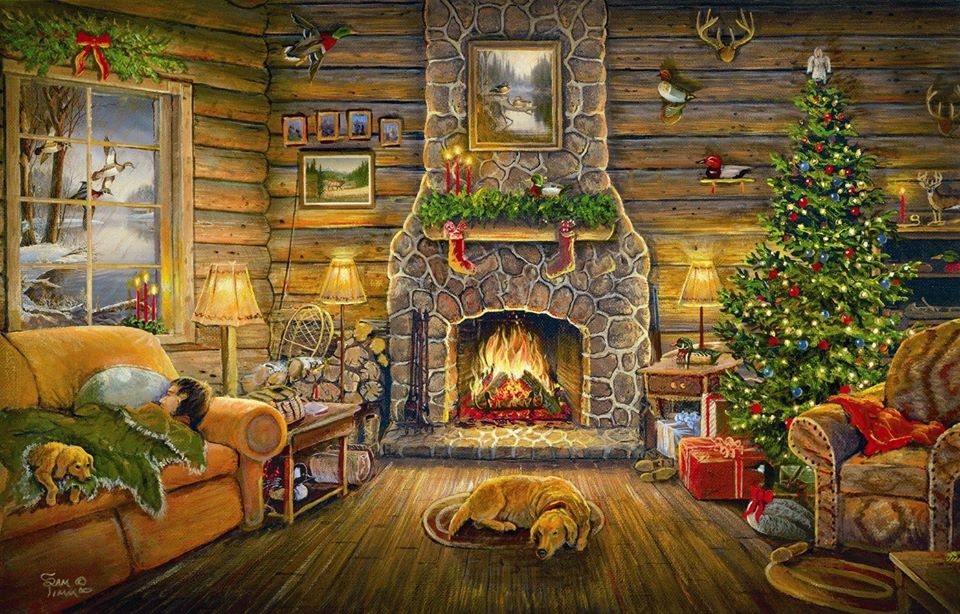 Фото Пес лежит на полу посреди комнаты с горящим камином и новогодней елкой. Художник Sam Timm