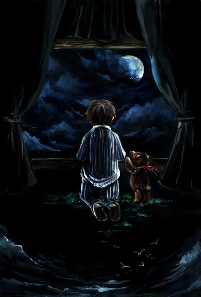 Фото Мальчик и плюшевый мишка смотрят в окно на ночное небо