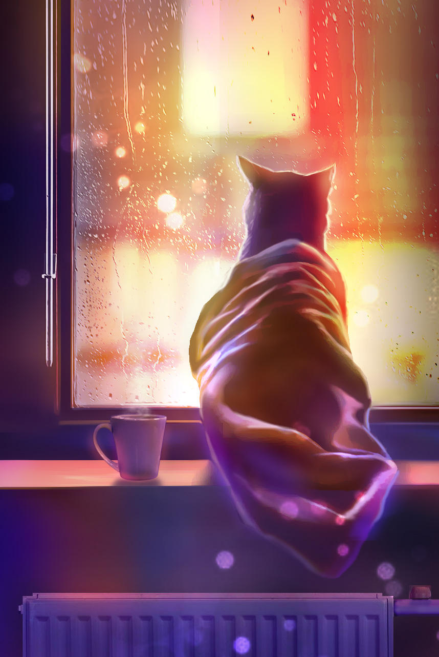 Фото Кот, укутанный в теплый плед, смотрит в окно, рядом с ним стоит чашечка горячего чая, by Nneila